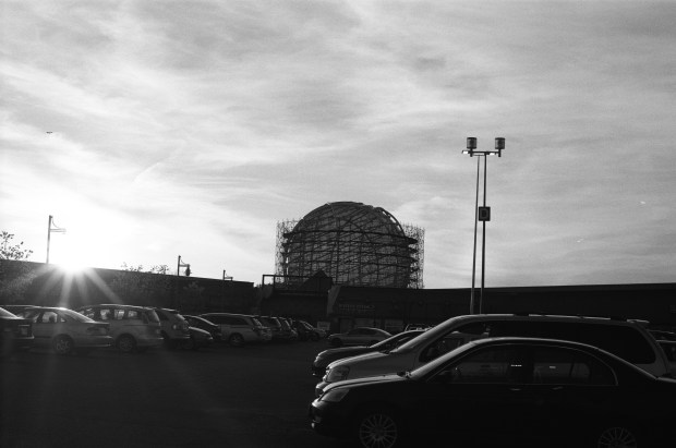 A silhouette of the Erin Mills Town Centre undergoing reconstruction.