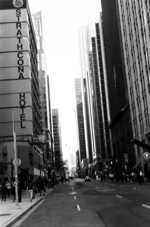 Strathcona Hotel along York Street. Handheld shot + slower than anticipated shutter = blurry shot.