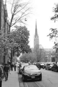 Black and White photo of St. Michael's Cathedral in Toronto, Canada.