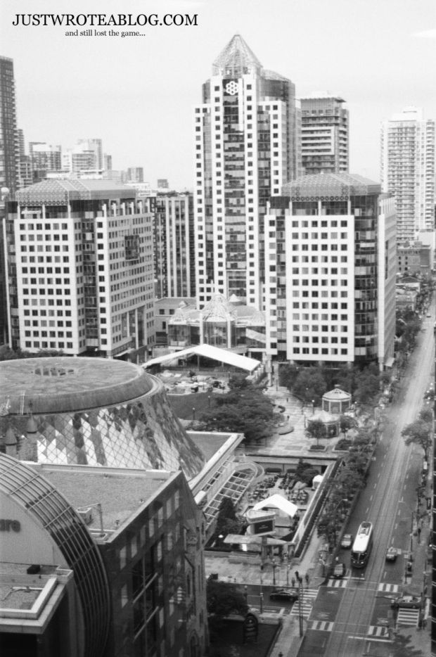 Roy Thomson Hall and Metro Hall after a storm.
