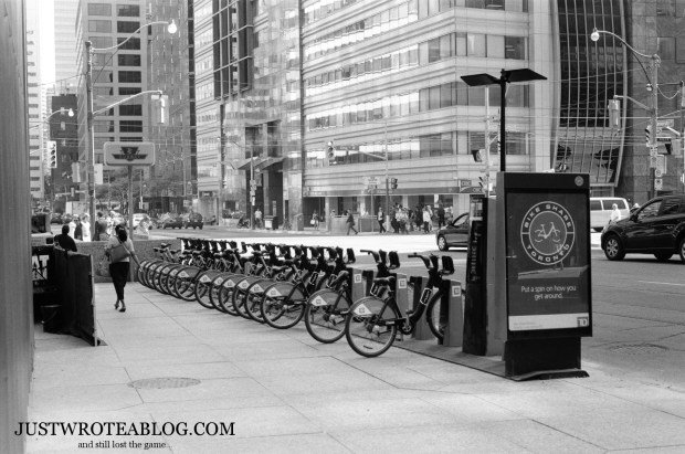 Bikeshare stand near King St. and University Ave.