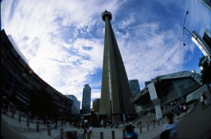 L-R: Rogers Centre, The PanAm Flame, The CN Tower and Ripley's Aquarium. (Velvia 50, Pentax Fisheye at 17mm, F32, 1/30)
