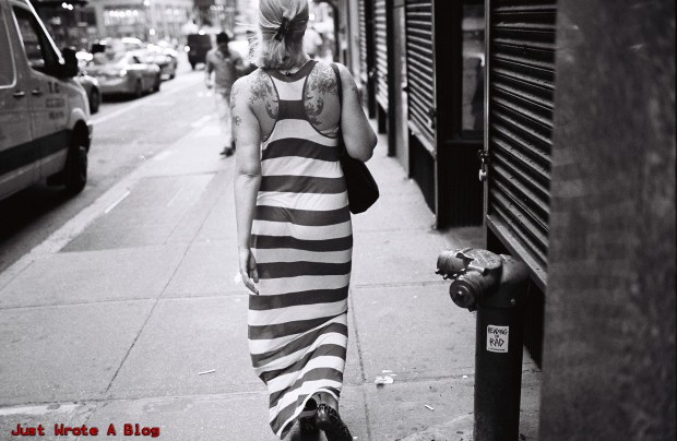 This would have been better in coulour. Her tat's peeking out like that, and she had pink hair to boot.