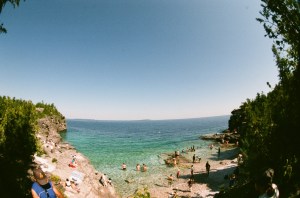 The Georgian Bay shoreline seen from Bruce Peninsula National Park. (Fuji Superia 200, Pentax Fisheye Zoom at 17mm, F32, 1/30)