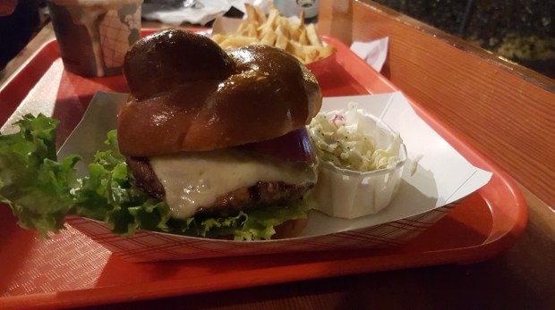 Cheeseburger in a soft pretzel bun with 'slaw for me...