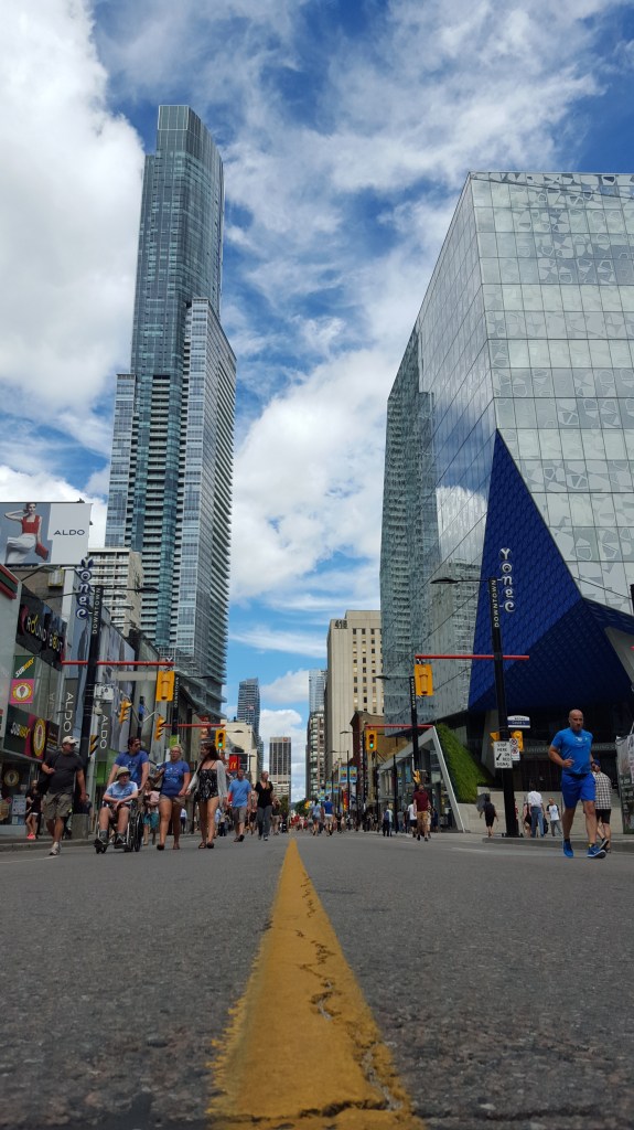 Ryerson Student Centre on the right, the Aura condo tower on the left.