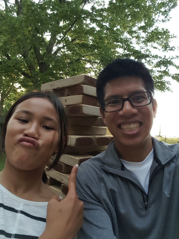 Selfie with my girlfriend's niece in front of the JENGA!  It was almost as tall as me!