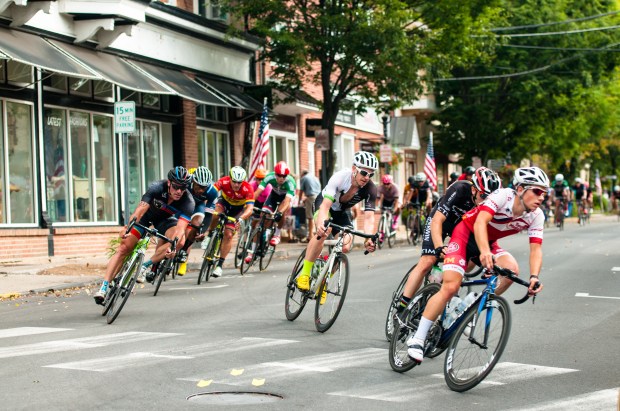 "Watch out for that manhole cover!" Amateur Men's Race, 2016 Thompson Bucks County Classic, Doylestown, PA